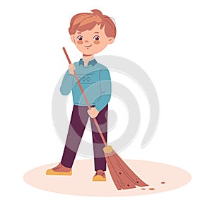 Little boy sweeping the trash. Vector illustration in flat cartoon style. Isolated on a white background