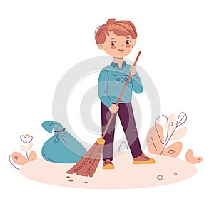 Little boy sweeping the trash. Vector illustration in flat cartoon style. Isolated on a white background.