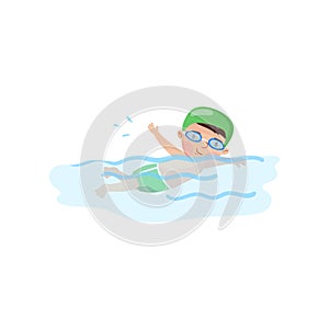 Little boy swimmer in the swimming pool, kids physical activity cartoon vector Illustration