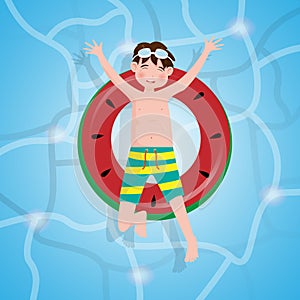 Little boy swimming on pool background. Vector illustration in cartoon character flat style