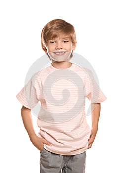 Little boy in t-shirt on white background