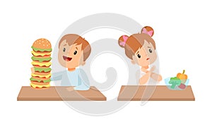 Little Boy at Table with Hamburger and Girl Rejecting Eating Vegetables Vector Set