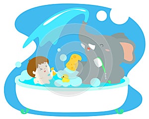 Little boy take a bath with elephant in tub .