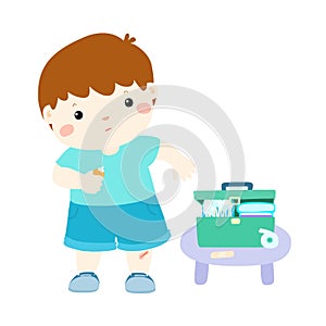 Little boy takes care of his wound by himself illustration