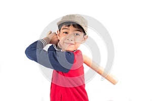 Little boy taking baseball bat on white background