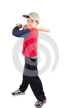 Little boy taking baseball bat on white background