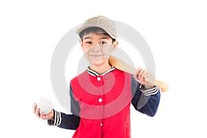 Little boy taking baseball bat on white background