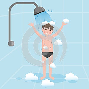 Little boy on taking bath isolated on background. Vector illustration in cartoon character flat style