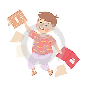 Little Boy Tearing Books Having Bad Behavior Vector Illustration