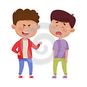 Little Boy Teasing and Laughing at His Crying Agemate Vector Illustration photo
