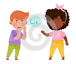 Little Boy Telling Lie to His Agemate Girl Vector Illustration