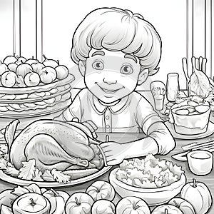 A little boy at the Thanksgiving Day table. Turkey as the main dish of thanksgiving for the harvest. Black and White coloring book