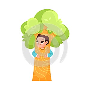 Little Boy in Theater Performance Wearing Tree Costume Performing on Stage Vector Illustration