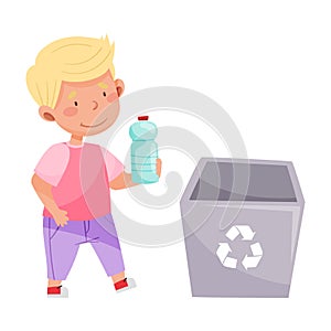 Little Boy Throwing Plastic Bottle in Trash Bin Vector Illustration