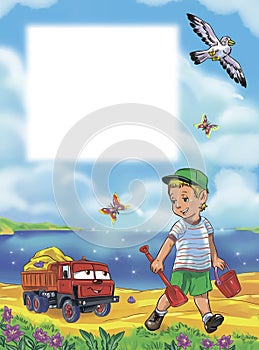 Little boy with toy car truck walking at the seaside with beach bucket and shovel for sand
