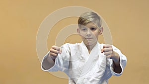 Little boy in training in martial arts in the gym.