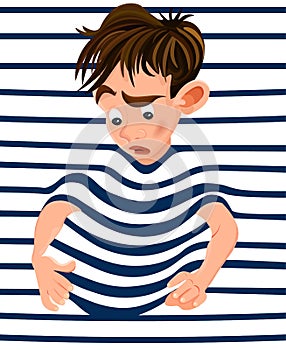 Little boy trapped in a striped background. Vector cartoon character funny faces