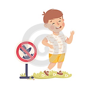 Little Boy Treading on Lawn Having Bad Behavior Vector Illustration