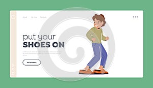 Little Boy Trying on Father Shoes Landing Page Template. Concept of Child Curiosity And Desire To Emulate Parent photo