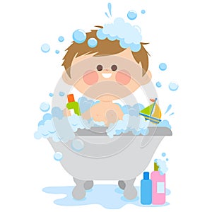 Little boy in a tub taking a bath. Vector illustration
