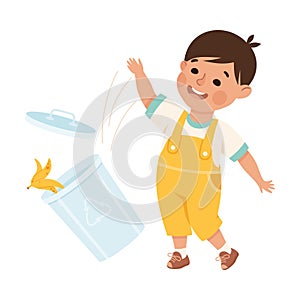 Little Boy Turn Over Dustbin Having Bad Behavior Vector Illustration