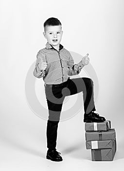 Little boy with valentines day gift. Birthday party. shop assistant. Happy childhood. Shopping. Boxing day. New year