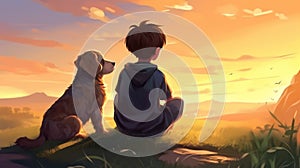 Little boy walk with best friend. Animal and human friendship concept. Cute dog