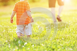 Little boy walking on the field