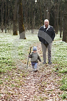 A little boy walks with his dad along a forest path covered with fallen leaves in early spring