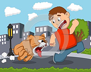 The little boy was chased by a fierce dog with city background cartoon