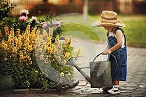 Little boy watering flowers