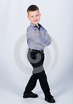 Little boy wear formal clothes. Cute boy serious event outfit. Impeccable style. Happy childhood. Kids fashion. Small