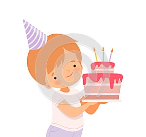 Little Boy Wearing Birthday Hat Carrying Cake with Candles Vector Illustration