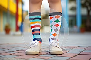 Little boy wearing different pair of socks and white sneakers outdoors. Kid foots in mismatched socks. Odd Socks day photo