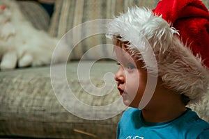 A little boy wearing harlequin hat watching TV, blur and grain effect. Funny children.