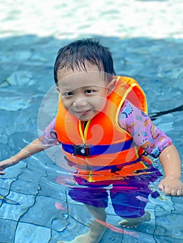 Little Boy Wearing Life Jacket In Swimming Pool