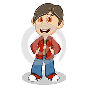 Little boy wearing a red jacket and blue trousers style cartoon