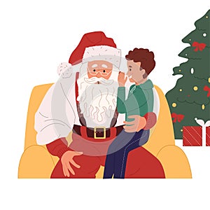 Little boy whispering in Santa Claus ear, sitting on knees