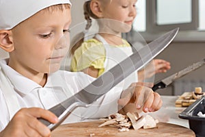 Little boy wielding a big knife chopping mushrooms photo