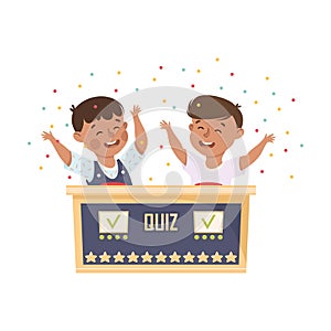 Little Boy Winning Quiz Game or Mind Sport Standing at Press Button and Cheering Vector Illustration