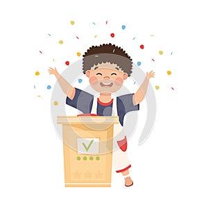 Little Boy Winning Quiz Game or Mind Sport Standing at Press Button and Cheering Vector Illustration