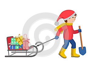 Little boy in winter clothes pulling a sled, cartoon style vector illustration isolated