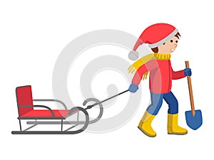 Little boy in winter clothes pulling a sled, cartoon style vector illustration on white background.