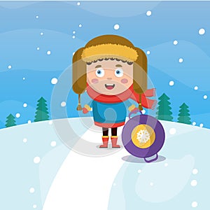 A little boy in winter is rolling down a hill in the forest. Snowing. Vector flat cartoon style illustration,