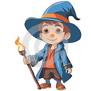 Little boy wizard in a blue cloak, hat and with a burning staff, isolated on a white background.