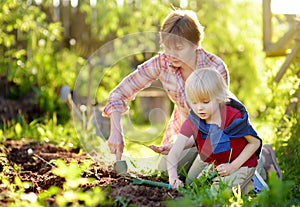 Little boy and woman planting seed on beds on backyard. Mommy little helper