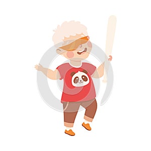 Little Boy with Wooden Stick Ready to Hit Pinata at Birthday Party Vector Illustration