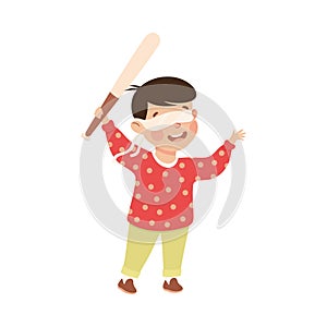 Little Boy with Wooden Stick Ready to Hit Pinata at Birthday Party Vector Illustration