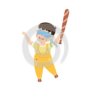 Little Boy with Wooden Stick Ready to Hit Pinata at Birthday Party Vector Illustration