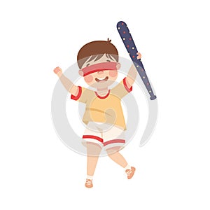 Little Boy with Wooden Stick Ready to Hit Pinata at Birthday Party Vector Illustration